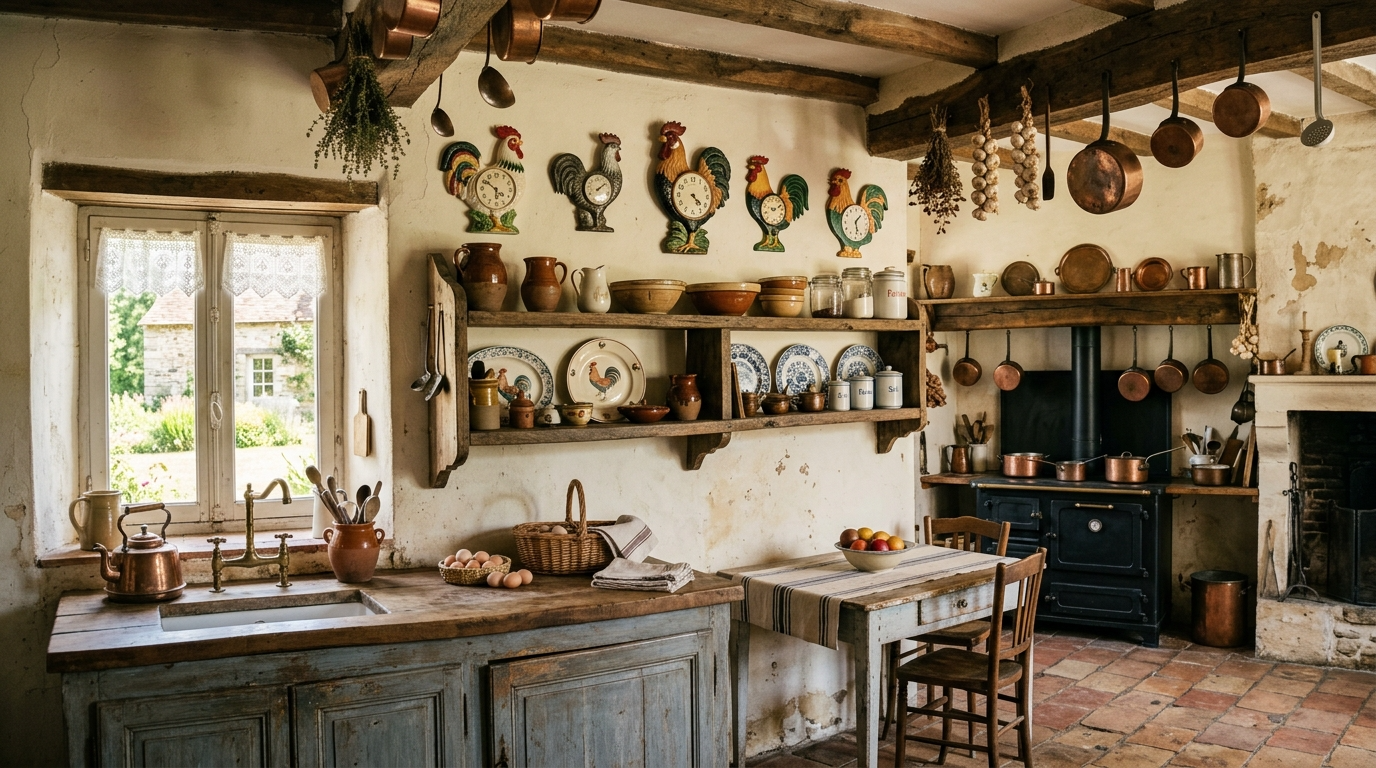 Add warm metals like copper or brass for classic country glow